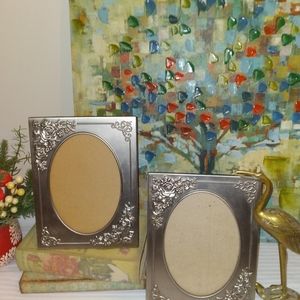 Vintage 5x7 pewter finish ornate Oval photo frames with embossed Rose design